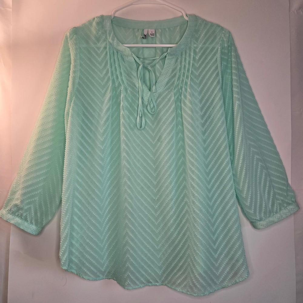 Elle Mint Green Chevron Clip Dot Blouse Split Neck Tie 3/4 Sleeve Top Small Boho